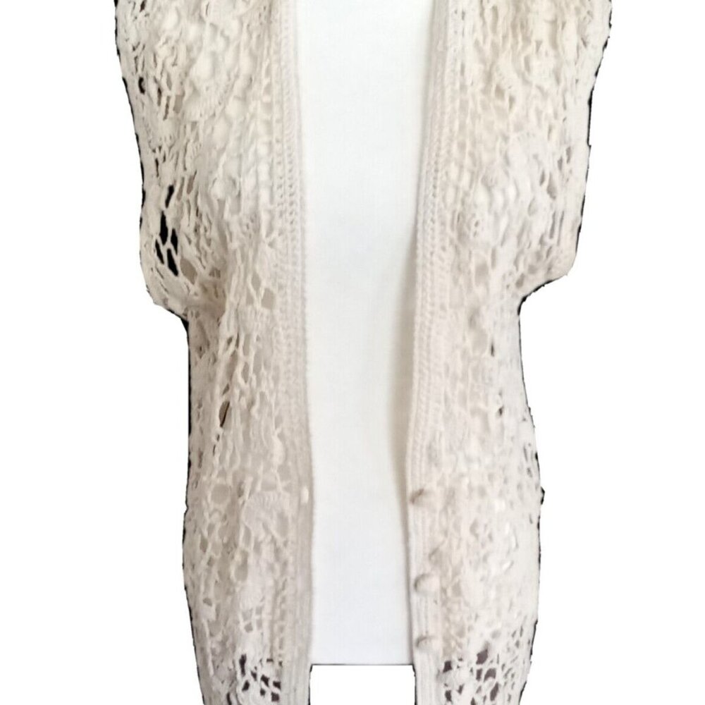 Coastal Boho Chic Crocheted Vest Sz Large Ramie Blend Shell Off White Coquette